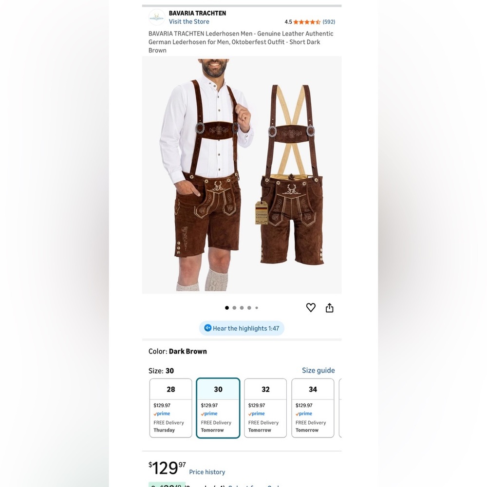 New with Tags Bavarian Brown Lederhosen for Men